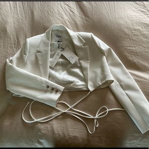 Zara white cropped tie waist blazer